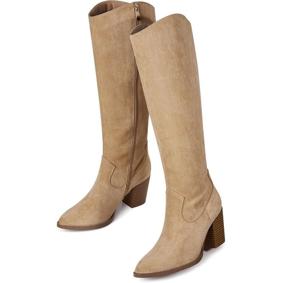 Shoes - Womens Suede Apcicot Side Zipper Knee High Pointed Toe Tall Slouchy Boots